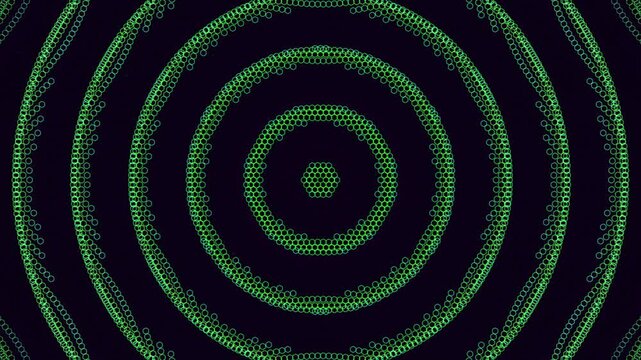 massive microscopic hexagonal lattice executes a synchronized optimization protocol with vibrant magenta and lime green energy ripples. Ideal for semiconductor and electronics brand content.