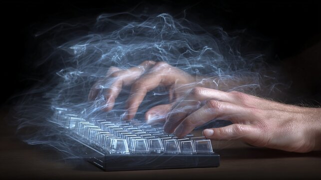 Close-up of a professional's hands typing rapidly on a glowing mechanical keyboard, fingers showing a ghosting effect of motion, neon light trails