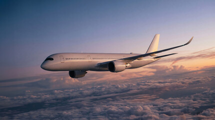 White airplane commercial jet plane Airbus A350 flying during sunset with warm golden light reflecting on fuselage beautiful cinematic aviation photography for travel and tourism © Aryanto
