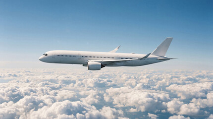 Obraz premium Clean profile of white airplane commercial jet plane Airbus A350 flying level above the clouds minimalist composition for travel website banner and aviation industry advertisement campaign
