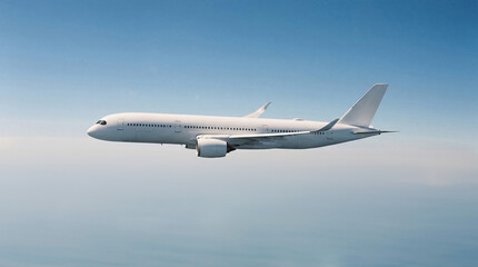 Obraz premium Profile view of white airplane commercial jet plane Airbus A350 in flight showing detailed engine and winglet design against a clear sky for aviation enthusiasts and catalogs