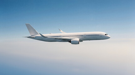 Obraz premium Wide shot of white airplane commercial jet plane Airbus A350 flying horizontally across a hazy blue sky during early morning flight for international transportation concepts