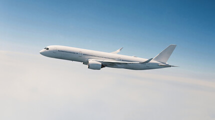 Obraz premium Low angle view of white airplane commercial jet plane Airbus A350 ascending into the blue sky with wings spread wide against a minimalist background for airline marketing