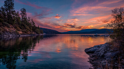 Fototapeta premium Sunset with colorful sky at lake. Vector nature landscape