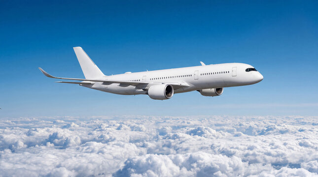 Stunning White airplane commercial jet plane Airbus A350 ascending above the white clouds under sunlight. Powerful long haul airliner flying for international route and tourism destination.