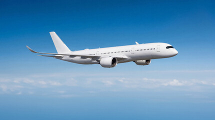 Obraz premium Isolated view of white airplane commercial jet plane Airbus A350 cruising at high altitude for travel website banner and transportation concept