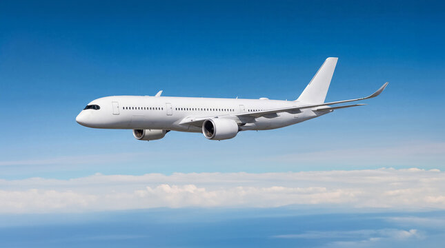 Side view of White airplane commercial jet plane Airbus A350 flying above the clouds at sunset. Modern widebody airliner cruising at high altitude for international travel and global logistics.