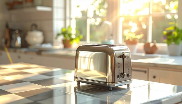 Polished chrome toaster on a kitchen countertop bathed in warm morning sunlight
