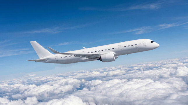 Side view of white airplane commercial jet plane Airbus A350 soaring through white clouds under clear blue sky for airline industry marketing background