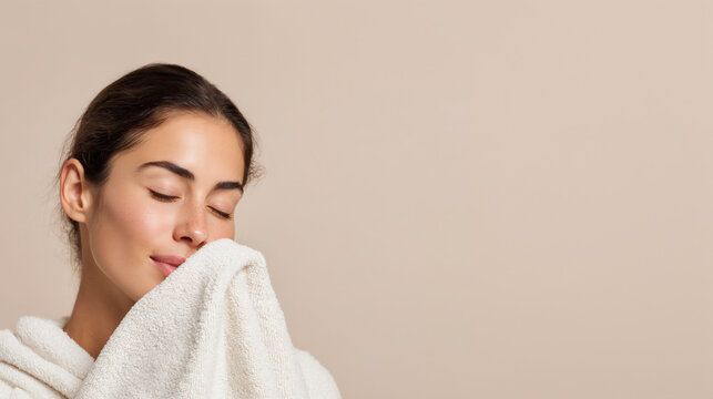 fresh laundry scent woman enjoying soft towel, beauty woman smelling fresh clean towel in soft light, premium laundry fragrance concept with relaxed woman holding towel