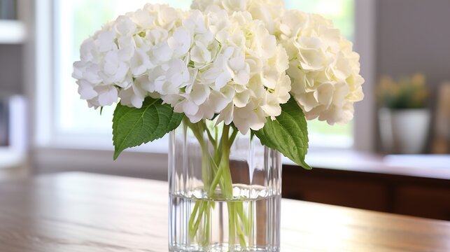 White Hydrangeas in Clear Glass Vase on Wooden Surface