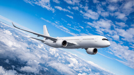 Obraz premium Side view of white airplane commercial jet plane Airbus A350 soaring through white fluffy clouds under a bright blue sky perfect for aviation and tourism industry marketing
