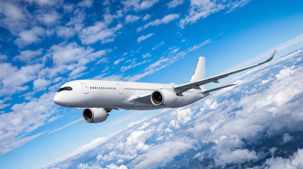 Obraz premium White airplane commercial jet plane Airbus A350 flying above the clouds with blue sky background during a sunny day for travel and transportation concept wide angle view
