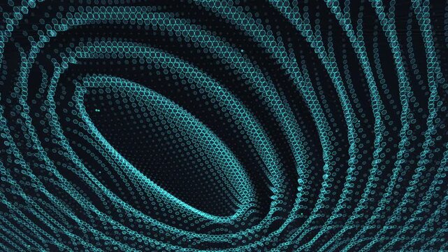 Charcoal hexagonal pillars undulate and glow with cyan energy, visualizing dynamic cloud load balancing and network scalability. Designed for AI and cloud infrastructure content.