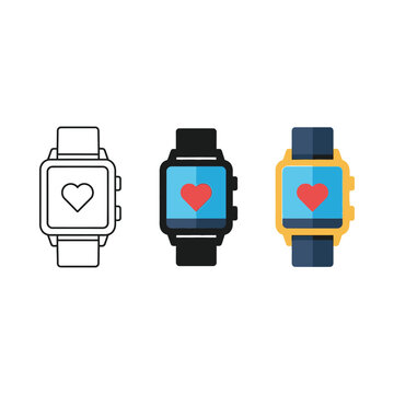 Three stylish smartwatches displaying heart icons on their screens