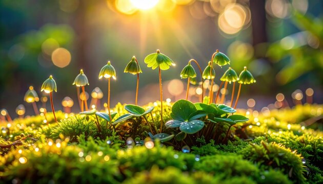Delicate Baby Tears with Tiny Glowing Fungi in Enchanting Morning Sunlight