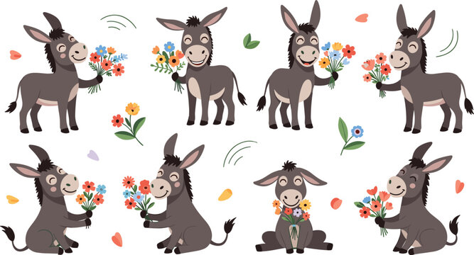 Cute cartoon donkey with flowers collection adorable farm animal characters holding bouquets colorful vector illustration set