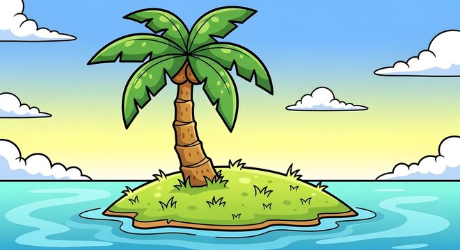 A cartoon palm tree stands on a small grassy island surrounded by turquoise water and a sunny sky.
