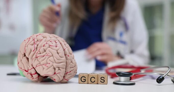 Woman doctor reviews document filled with written notes. Small wooden cubes arranged on desk to form abbreviation GCS near anatomical model of brain