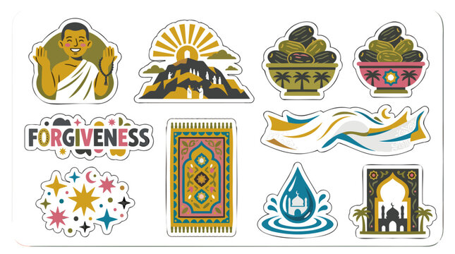Arafah Day Hajj Set Pilgrims, Mount Arafat, Dates, Forgiveness. Islamic Spiritual Festival, Mubarak. Modern Flat Vector, Warm Tones Holiday Sticker Collection.