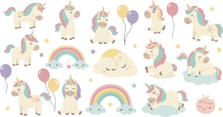 Obraz premium Whimsical unicorns rainbows balloons pastel colors fantasy creatures magical scene