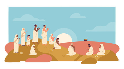 Fototapeta premium Diverse Muslim Pilgrims Praying at Arafah with Kaaba, Hajj & Islamic Spirituality, Flat Vector Art, Warm Tones, Religious Worship Scene