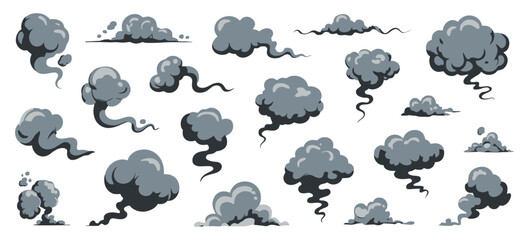 Obraz premium Explosive Smoke Cartoon Clouds Vector Set, Manga Style Dark Smoke Puffs and Swirling Clouds, Bomb Explosion Effects, Dust, Vapor Steam and Fire Blast Elements for Comic Scenes