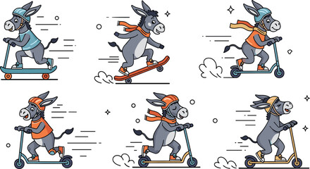 Cute cartoon donkey riding skateboard and scooter collection active animal characters sport movement vector illustration set © MDSaiful