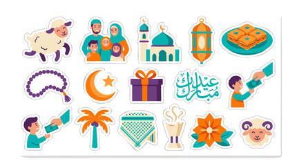 Fototapeta premium Eid al-Adha icons, Muslim family, sheep celebrating & gifting. Islamic festival concept, flat vibrant vector isolated sticker set.