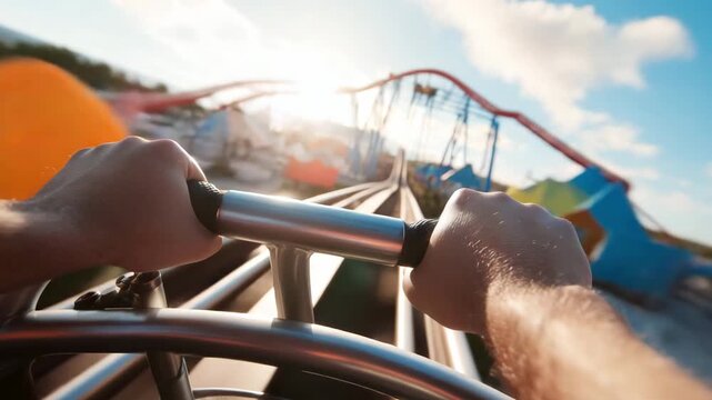 Hands grip the roller coaster harness while racing down tracks at an amusement park during the sunset