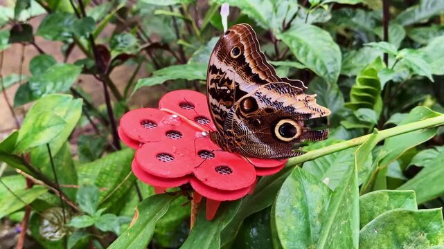 An owl butterfly, Caligo, with large eyespots on its wings is perched on a red artificial flower feeder
