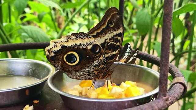Macro view of an owl butterfly with a large eyespot on its wing, eating fruit with its proboscis