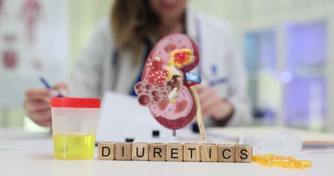 Miniature wooden cubes form word Diuretics near urine container and anatomical kidney model. Woman doctor calmly writes prescription for patient