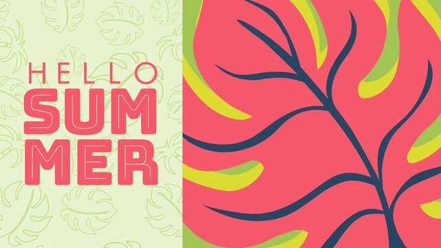 Summer Split Theme &ndash; Looping 4K animation with &ldquo;Hello Summer&rdquo; typography on tropical pattern background paired with bold monstera leaf, creating a vibrant modern layout for promos and social media.