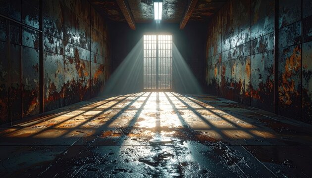 Eerie prison cell with rusted iron bars casting long shadows from a single bright light source