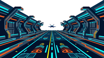 Fototapeta premium Futuristic aircraft taking off from an advanced illuminated runway within a sci-fi tunnel, showcasing innovative transport technology