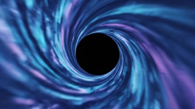 Mesmerizing hypnotic vortex tunnel abstraction featuring swirling cyan blue violet and teal glowing light trails descending into infinite dark void cosmic wormhole portal background