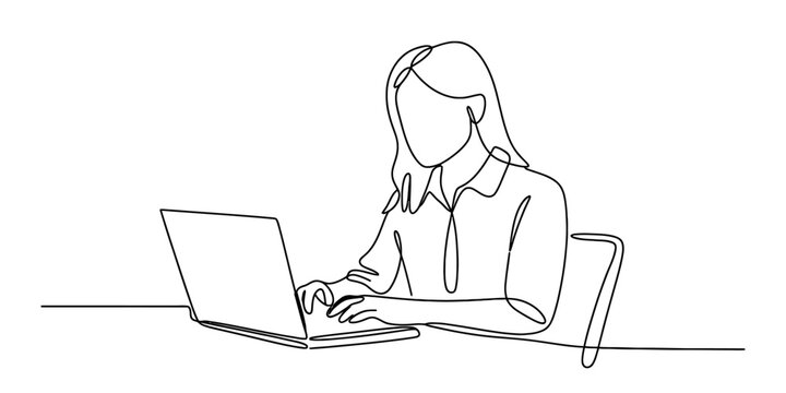 A single continuous line drawing of a woman sitting at a desk and working on her laptop computer
