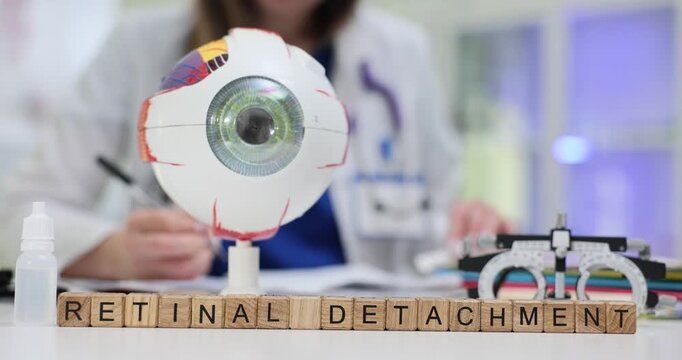 Wooden cubes arranged on table form phrase Retinal Detachment near anatomical eyeball model. Woman ophthalmologist writes treatment instructions
