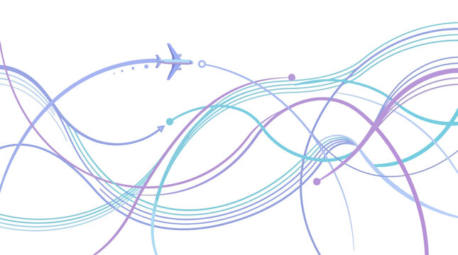 Dynamic illustration of an airplane navigating complex global flight paths, depicted with abstract wavy lines and interconnected routes.