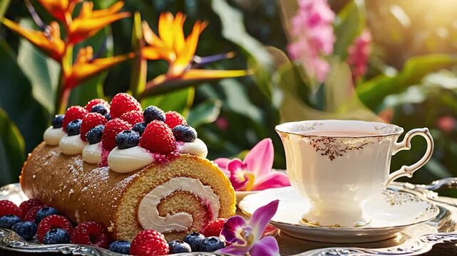 A delicious cake roll with fresh berries and a cup of tea