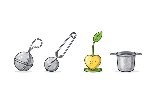 Collection of four distinct tea infusers and strainers for brewing loose leaf tea