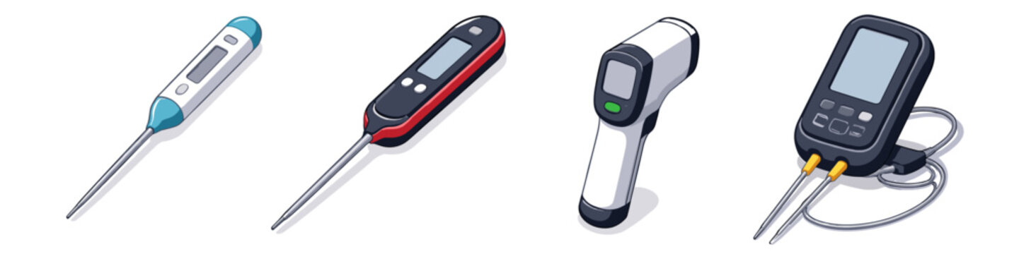Collection of four different digital thermometers for various measurement needs
