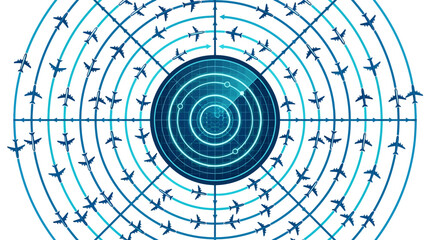 Obraz premium Dynamic Air Traffic Management: Digital Radar System Tracking Multiple Aircraft in Global Airspace Navigation Interface