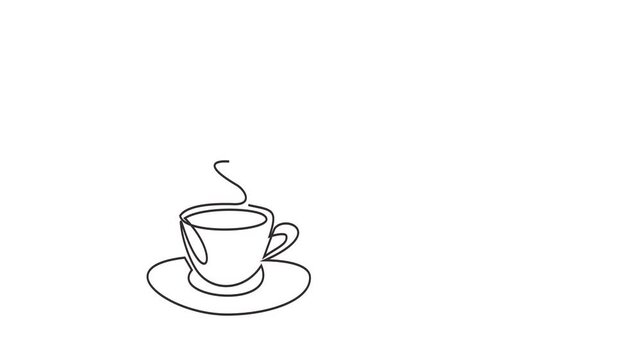 Animated self drawing of continuous line draw of Silhouette of tea couple and milk jug. Mug and saucer. Creamer jug for serving with tea, coffee and hot drinks. Tradition of drinking coffee with milk.