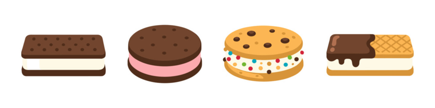 Collection of four different ice cream sandwich desserts with various cookies and fillings