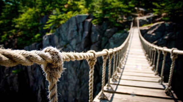 A rustic rope suspension bridge crosses a deep gorge between rocky cliffs and lush green trees, inviting adventure and exploration.