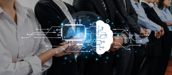 Concept of artificial intelligence and machine learning. A central processor transfers information...