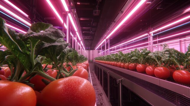 Indoor vertical farm, rows of tomatoes under LED lights