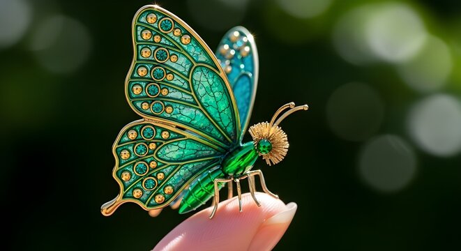 Close-up of ornate green and gold butterfly brooch resting delicately on a fingertip outdoors